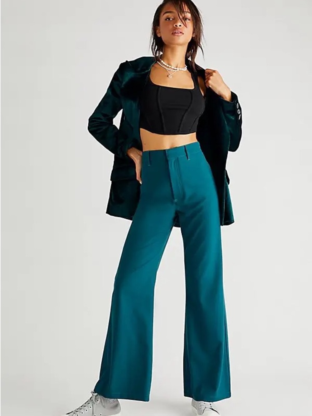 Free People Isobella Dark Green Wide Leg Trousers